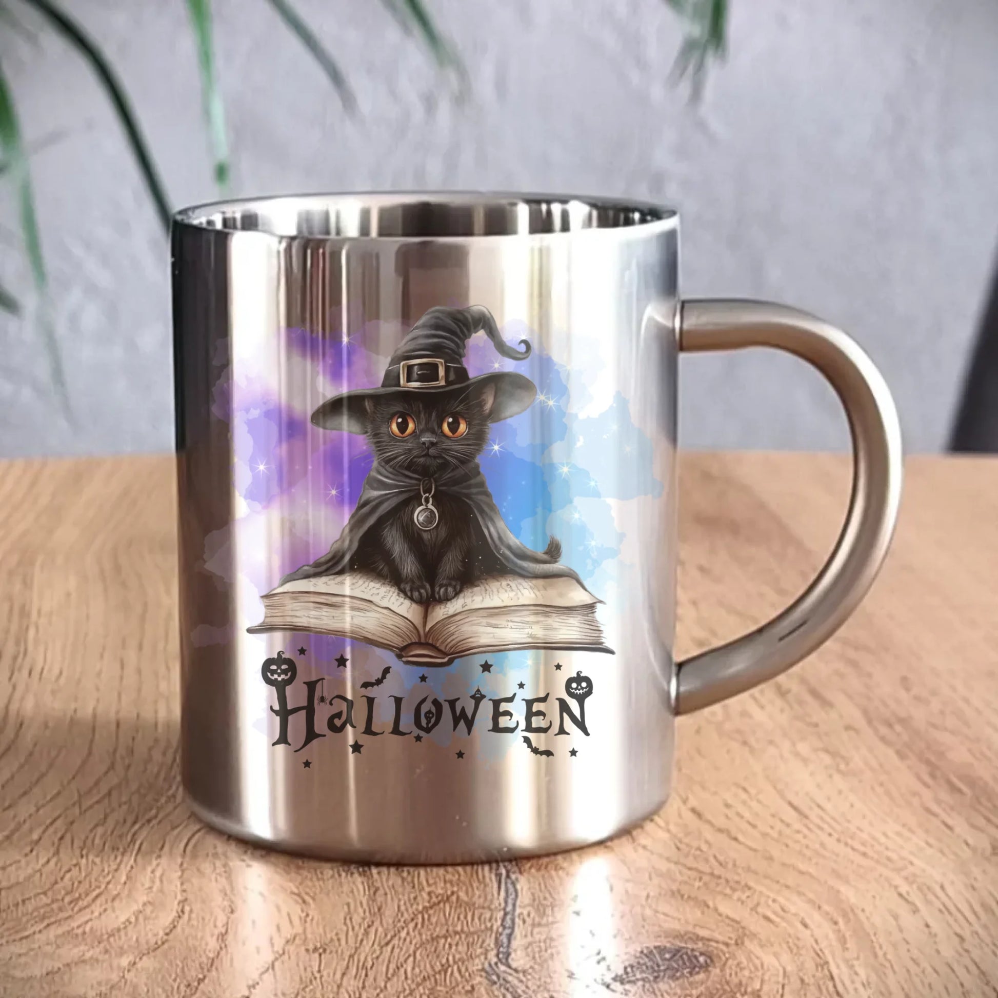 Kubek metalowy na Halloween - Kot Czarodziej HL06 - StoryCups.pl
