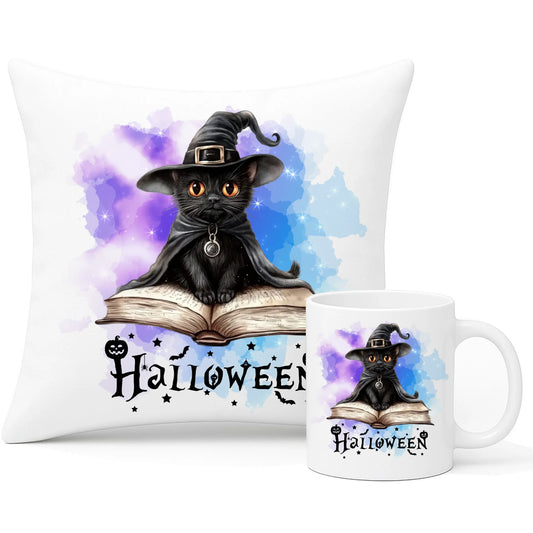 Zestaw poduszka i kubek na Halloween - Kot Czarodziej HL06