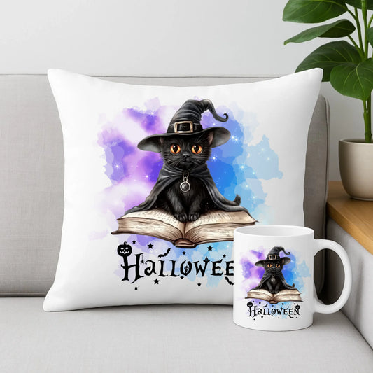 Zestaw poduszka i kubek na Halloween - Kot Czarodziej HL06