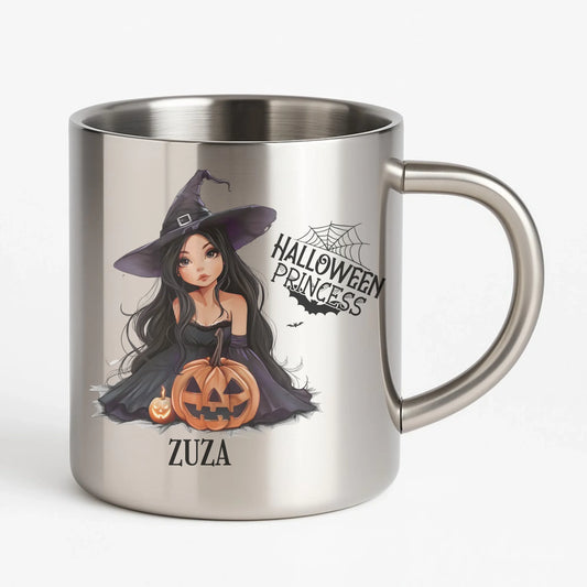 Kubek metalowy halloweenowy - Czarownica z dynią - personalizowany HL10 - StoryCups.pl