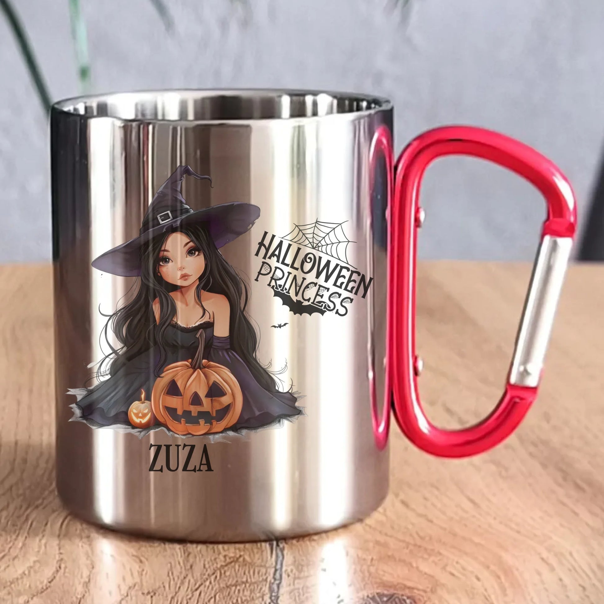 Kubek metalowy halloweenowy - Czarownica z dynią - personalizowany HL10 - StoryCups.pl