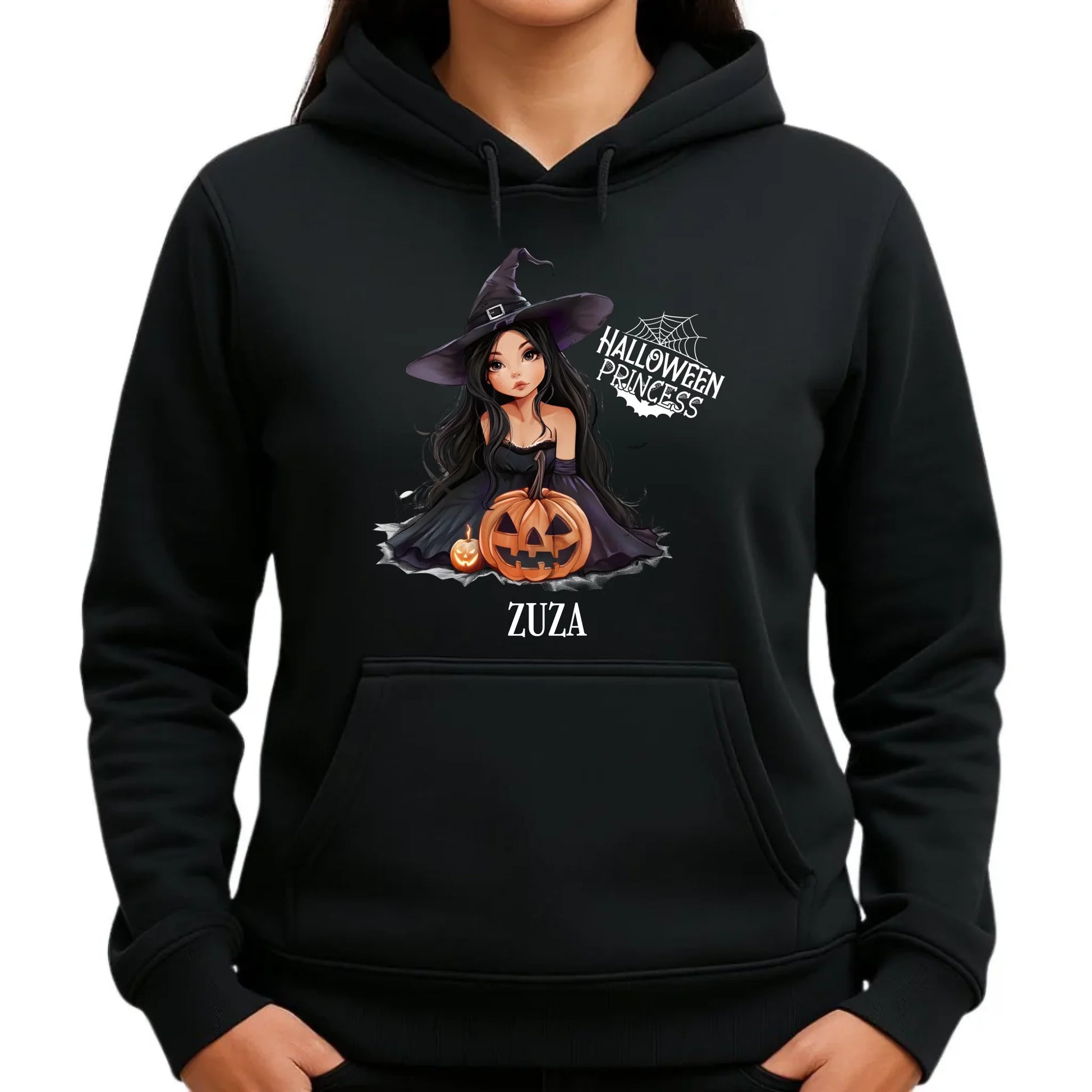 Bluza damska z kapturem halloweenowa - Czarownica z dynią - personalizowana HL10 - StoryCups.pl