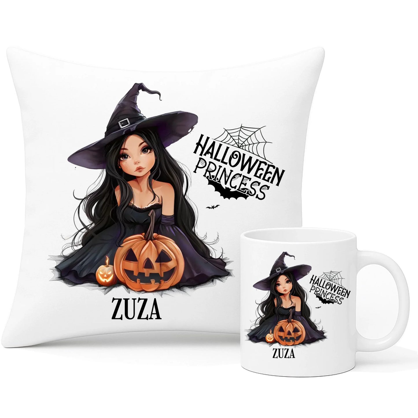 Zestaw poduszka i kubek halloweenowy - Czarownica z dynią - personalizowany HL10 - StoryCups.pl