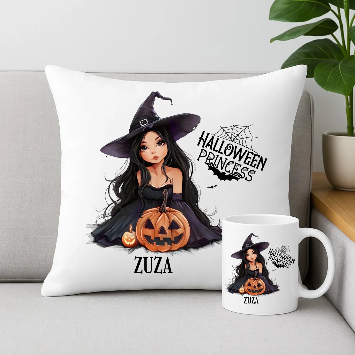 Zestaw poduszka i kubek halloweenowy - Czarownica z dynią - personalizowany HL10 - StoryCups.pl