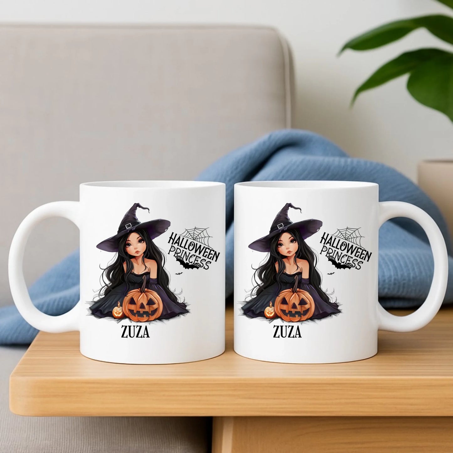 Zestaw poduszka i kubek halloweenowy - Czarownica z dynią - personalizowany HL10 - StoryCups.pl