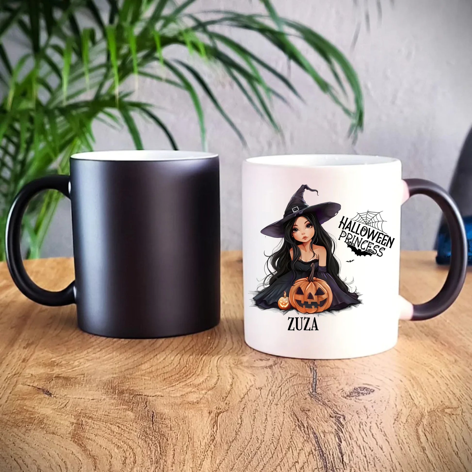 Kubek magiczny halloweenowy - Czarownica z dynią - personalizowany HL10 - StoryCups.pl