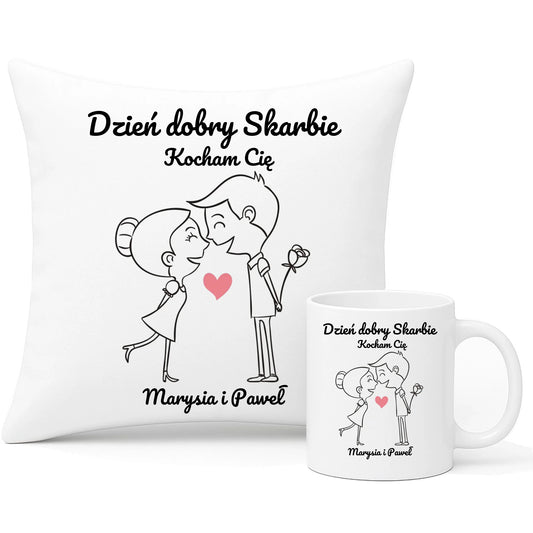 Zestaw poduszka i kubek dla par - prezent dla dziewczyny i chłopaka - Dzień dobry Skarbie - personalizowany W15 - StoryCups.pl