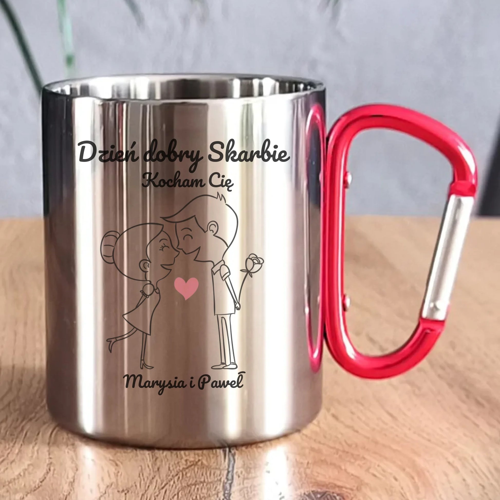 Kubek metalowy dla par - prezent dla dziewczyny i chłopaka - Dzień dobry Skarbie - personalizowany W15 - StoryCups.pl