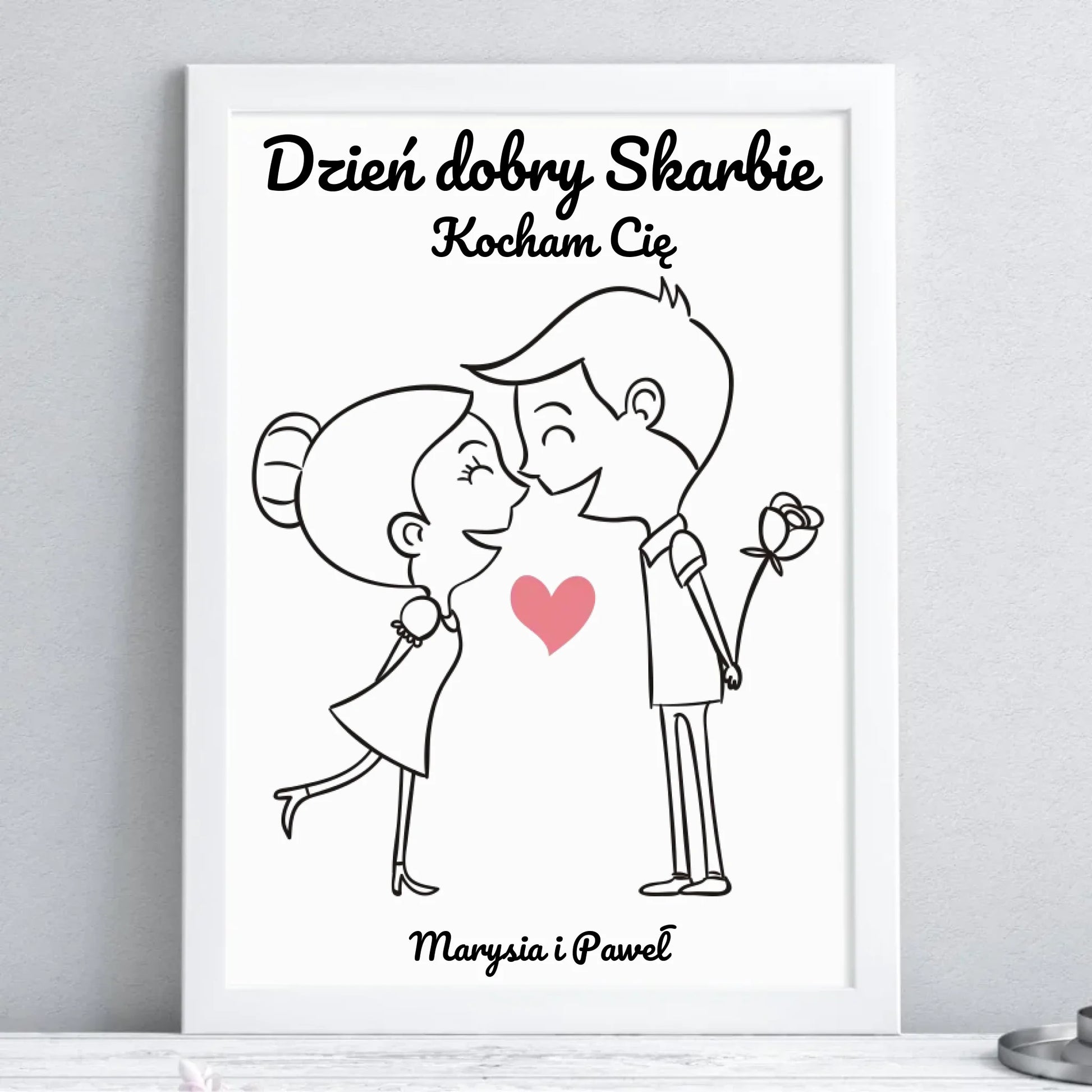 Plakat w ramie dla par - prezent dla dziewczyny i chłopaka - Dzień dobry Skarbie - personalizowany W15 - StoryCups.pl