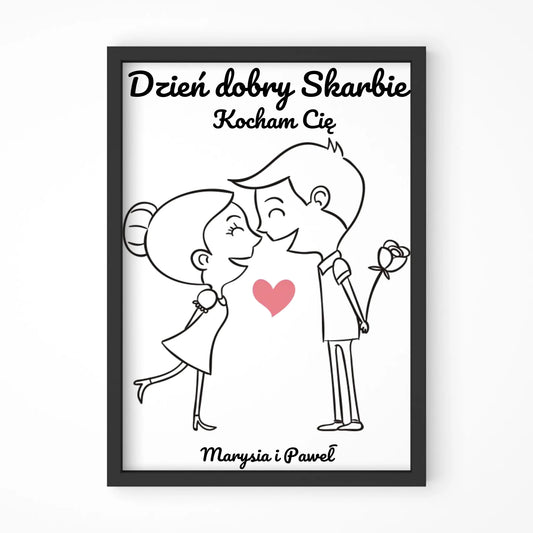 Plakat w ramie dla par - prezent dla dziewczyny i chłopaka - Dzień dobry Skarbie - personalizowany W15 - StoryCups.pl