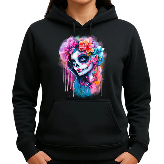 Bluza damska z kapturem Halloween - kolorowa czaszka z kwiatami La Muerte HL05 - StoryCups.pl