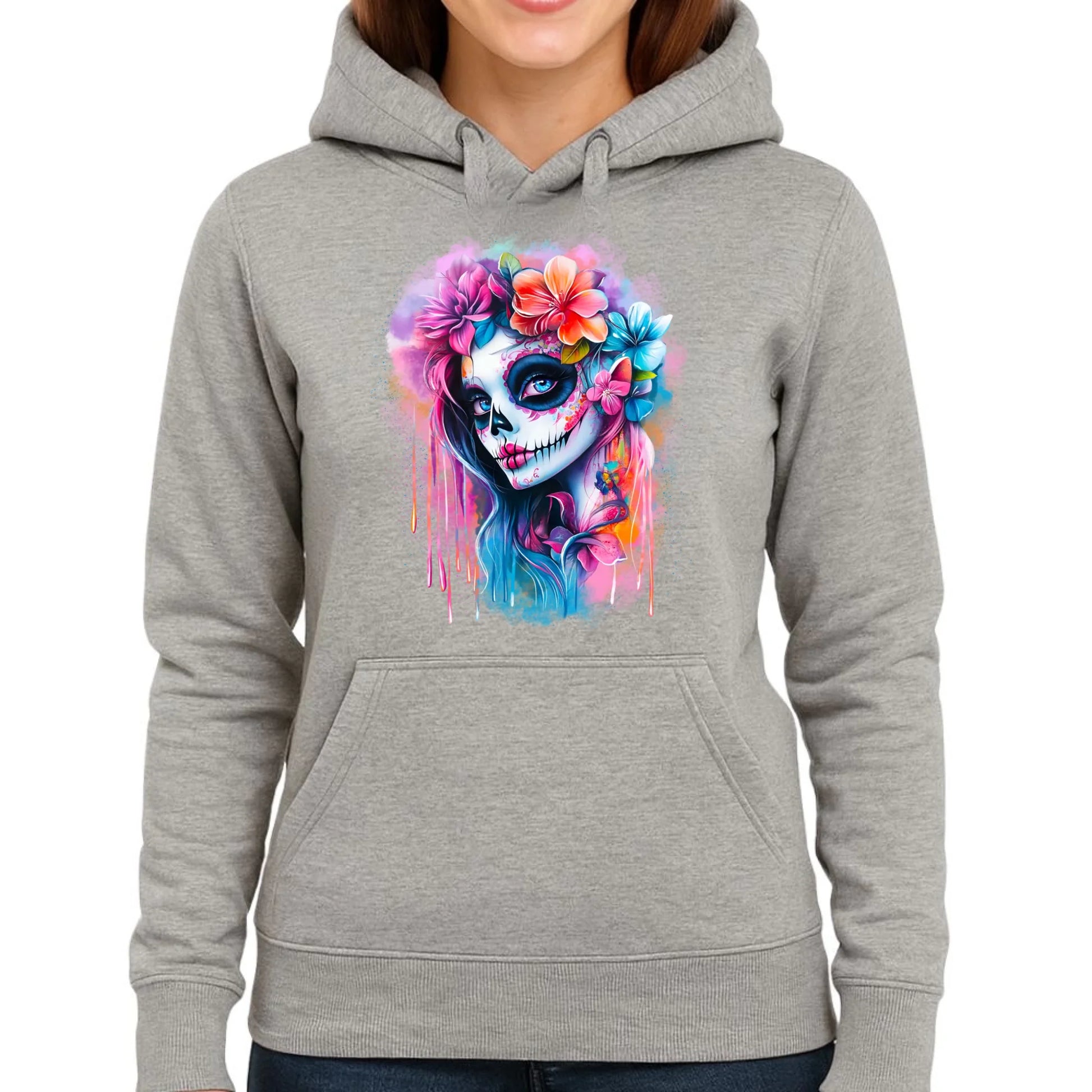 Bluza damska z kapturem Halloween - kolorowa czaszka z kwiatami La Muerte HL05 - StoryCups.pl