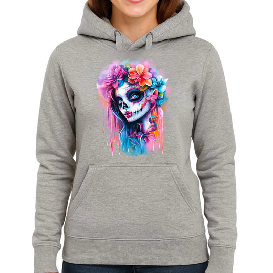 Bluza damska z kapturem Halloween - kolorowa czaszka z kwiatami La Muerte HL05 - StoryCups.pl