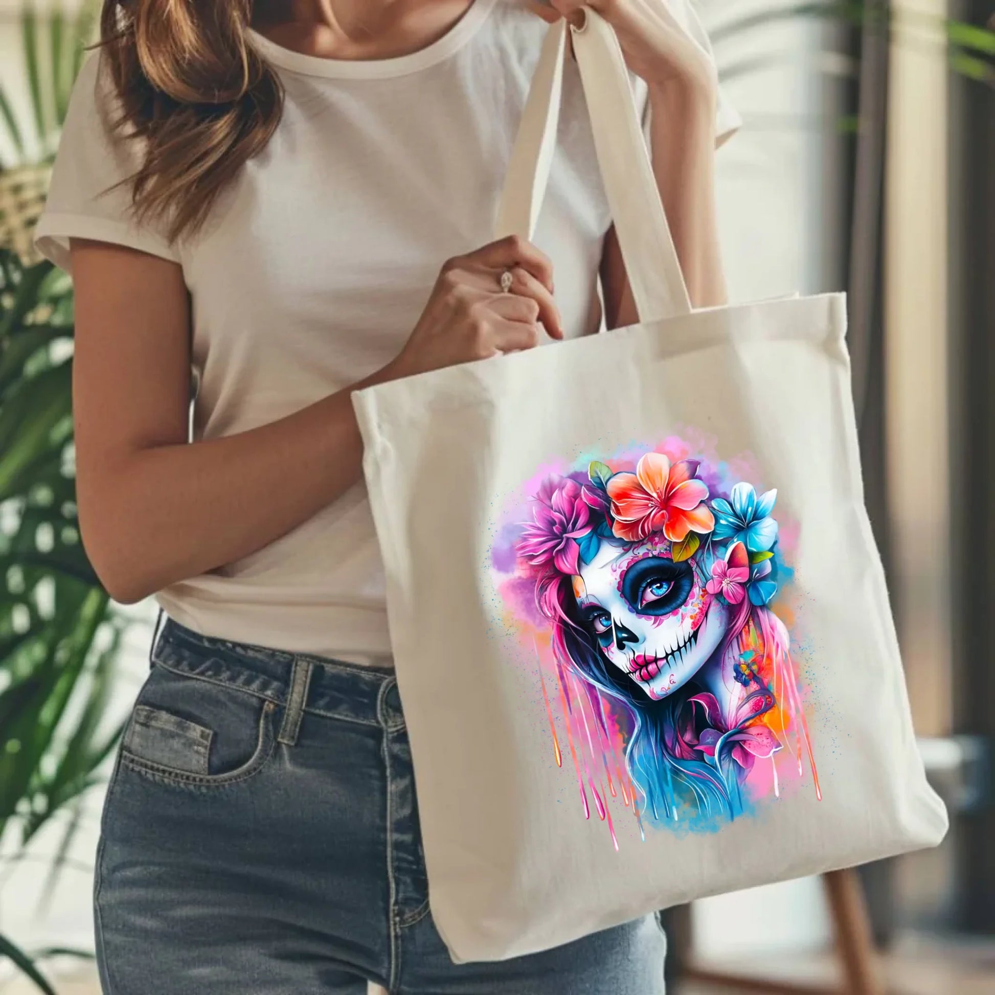 Torba halloweenowa - kolorowa czaszka z kwiatami La Muerte HL05 - StoryCups.pl