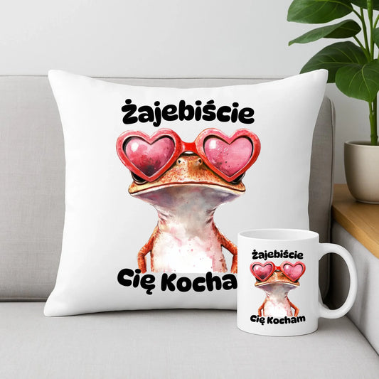 Zestaw poduszka i kubek z żabą - Żajebiście Cię Kocham W17 - StoryCups.pl