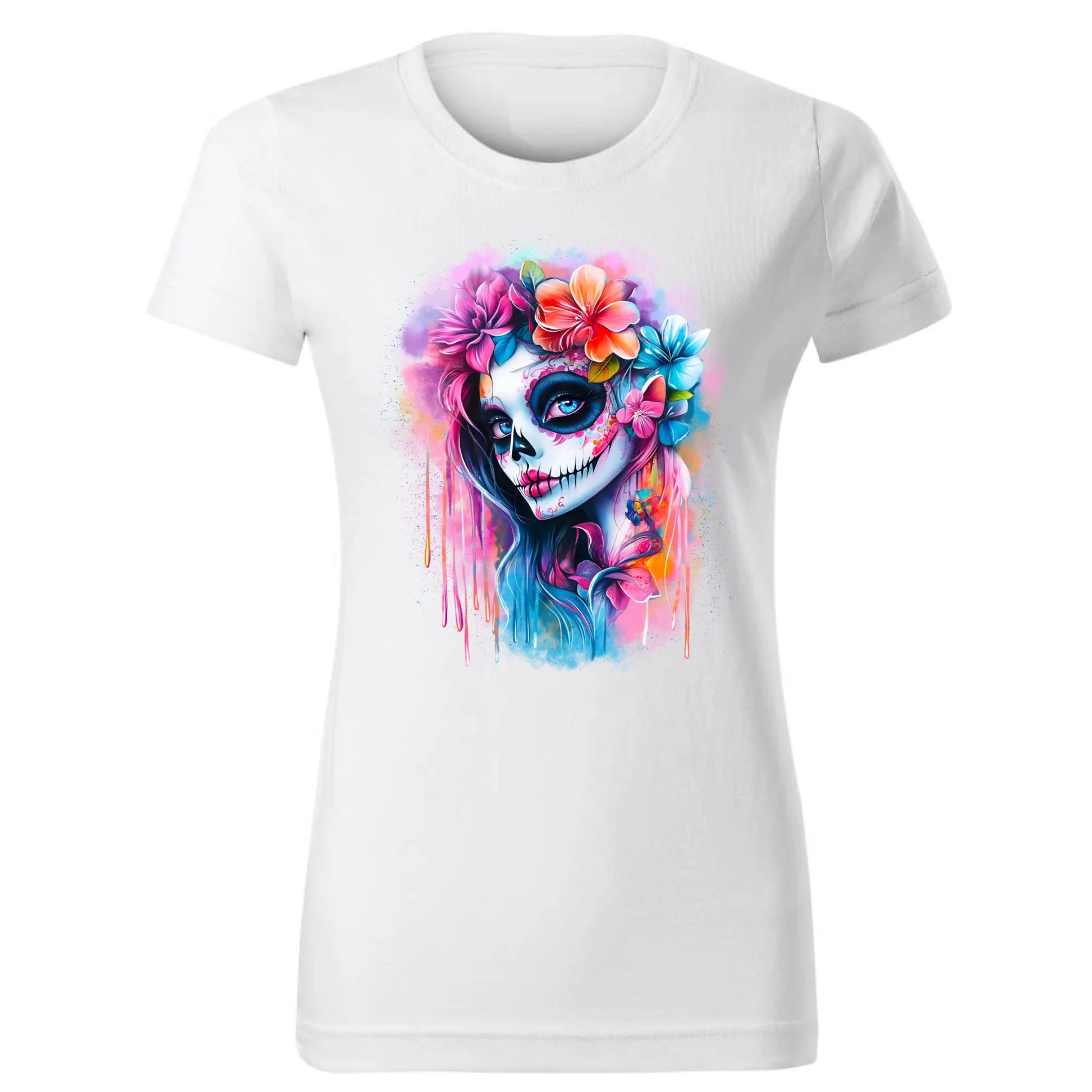Koszulka damska Halloween - kolorowa czaszka z kwiatami La Muerte HL05 - StoryCups.pl