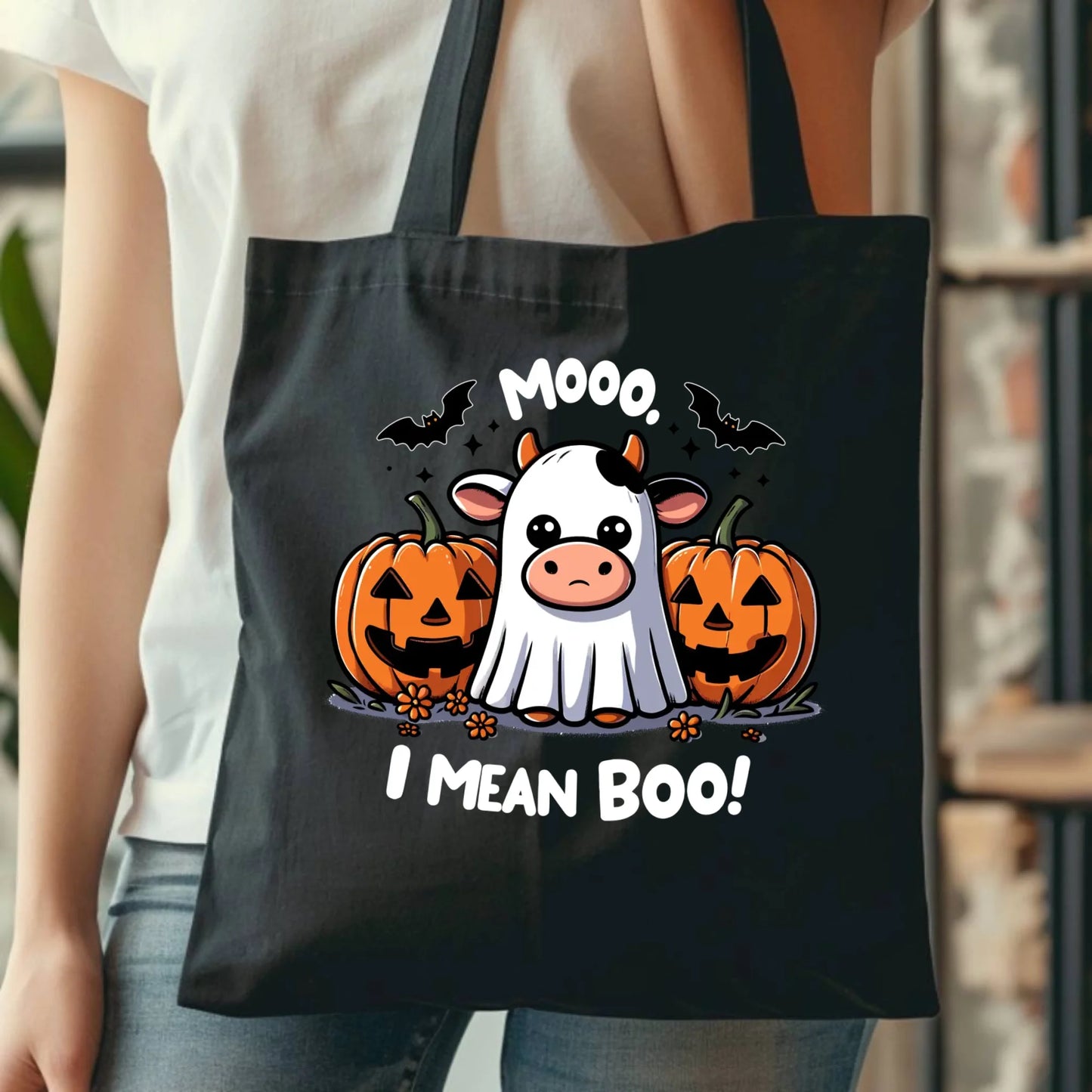 Torba na Halloween - Mooo I mean Boo! - z dynią i duchem HL14 - StoryCups.pl