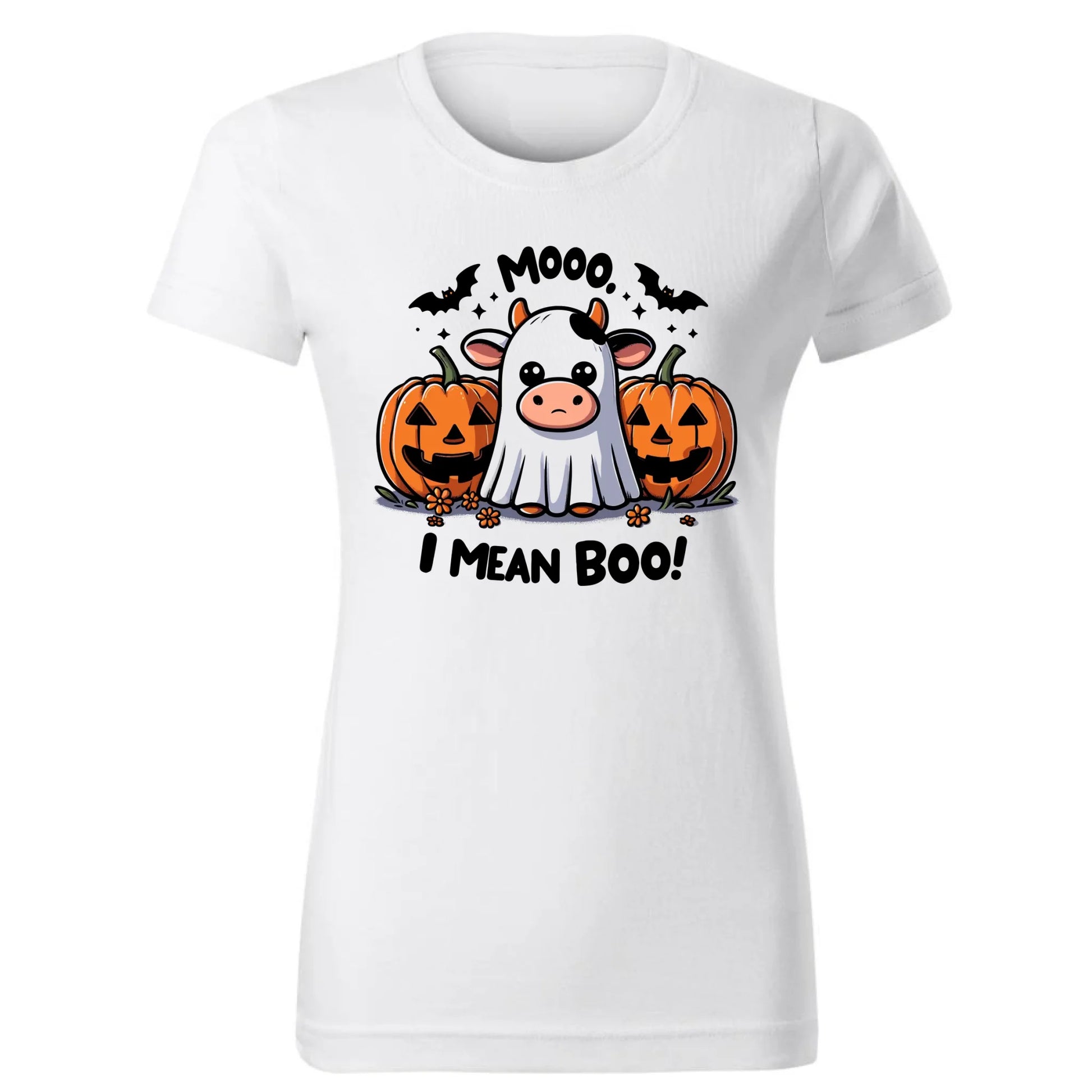 Koszulka damska na Halloween - Mooo I mean Boo! - z dynią i duchem HL14 - StoryCups.pl