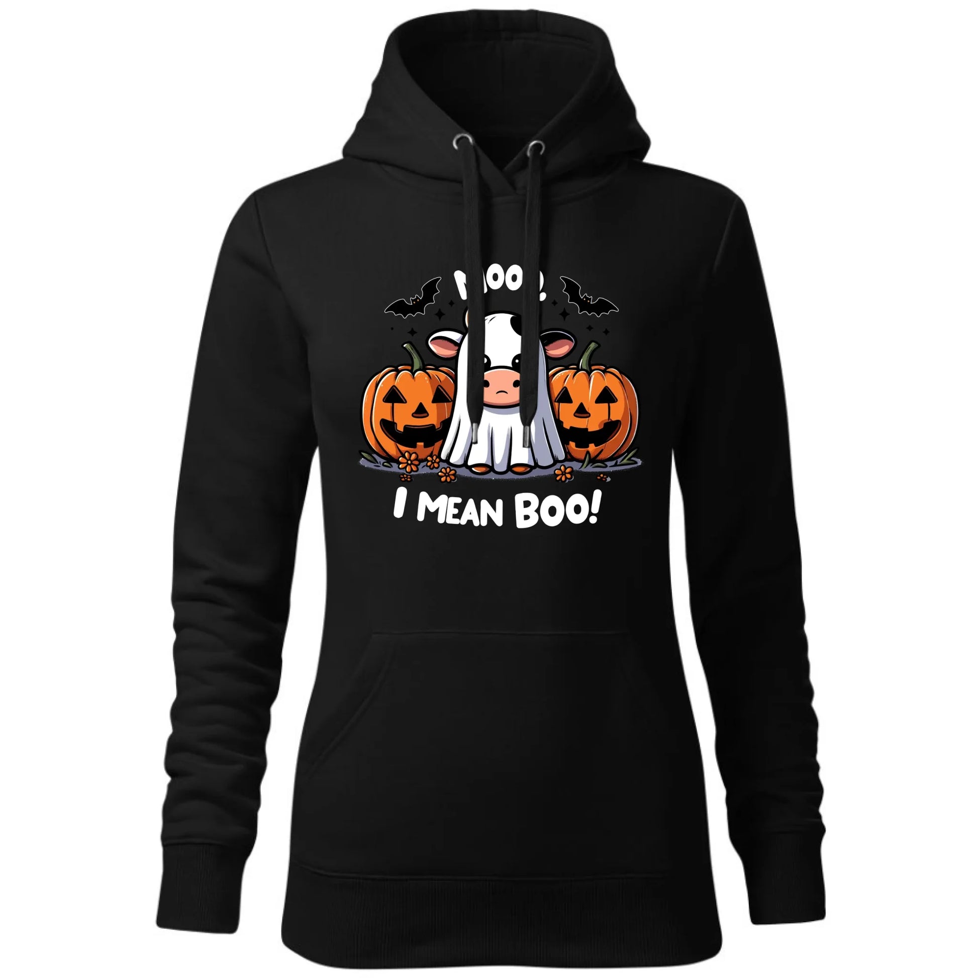 Bluza damska z kapturem na Halloween - Mooo I mean Boo! - z dynią i duchem HL14 - StoryCups.pl