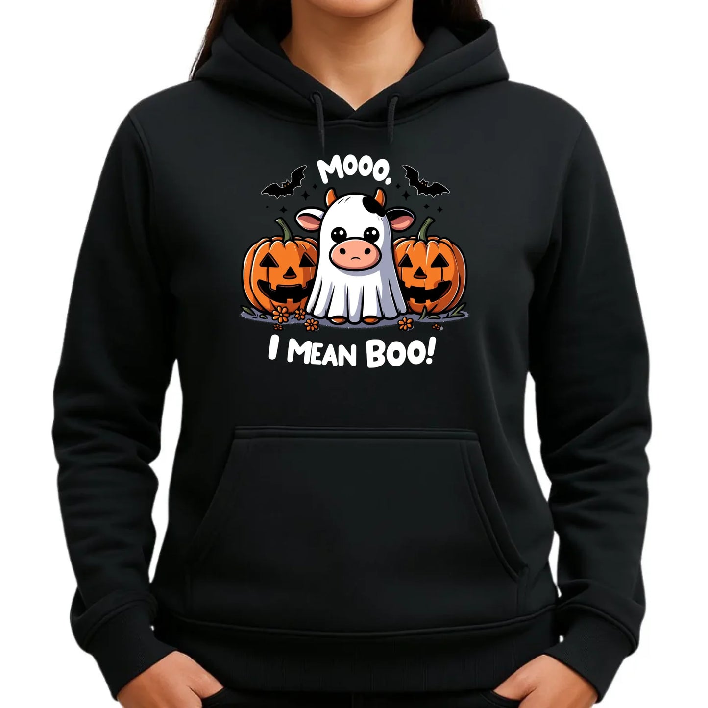 Bluza damska z kapturem na Halloween - Mooo I mean Boo! - z dynią i duchem HL14 - StoryCups.pl