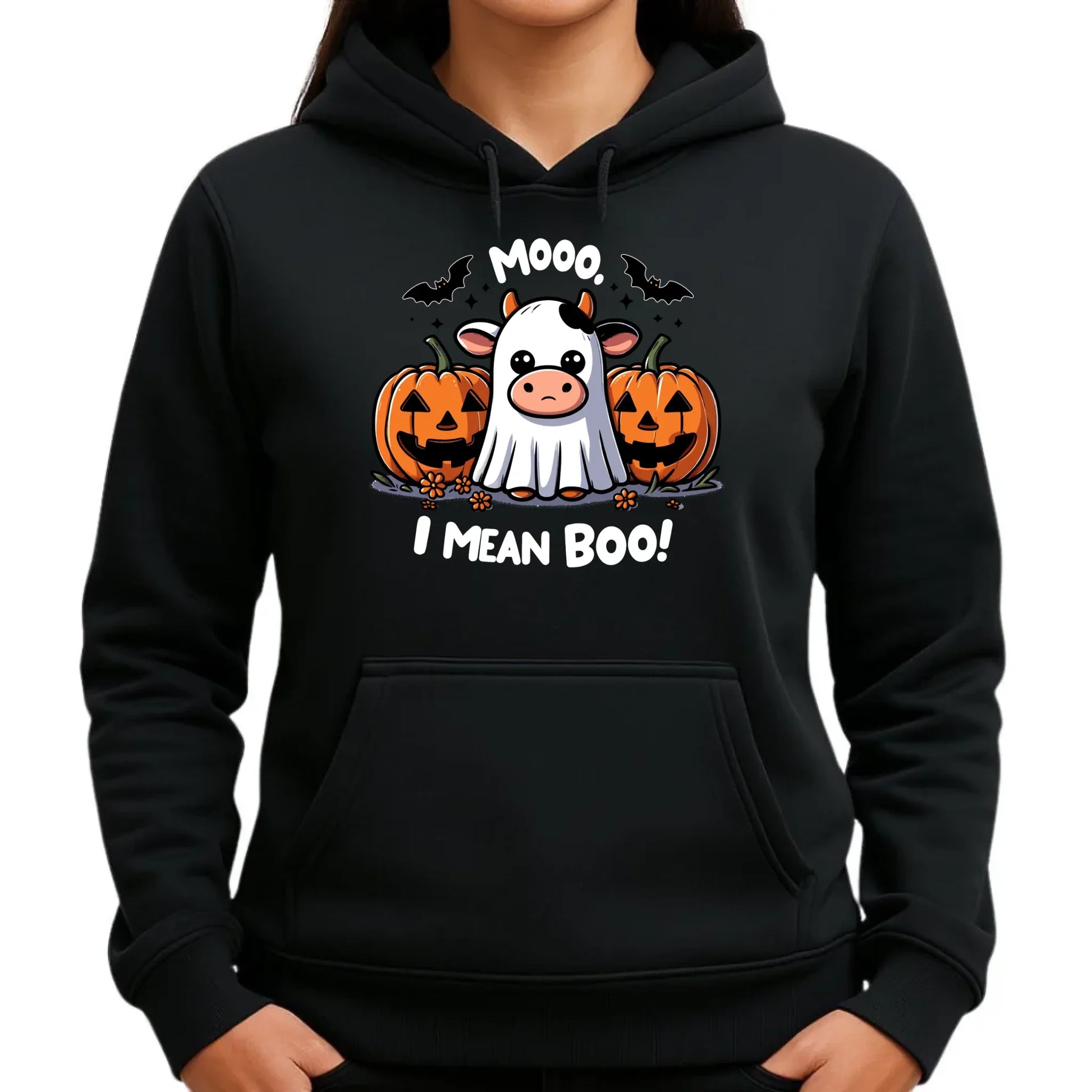 Bluza damska z kapturem na Halloween - Mooo I mean Boo! - z dynią i duchem HL14 - StoryCups.pl