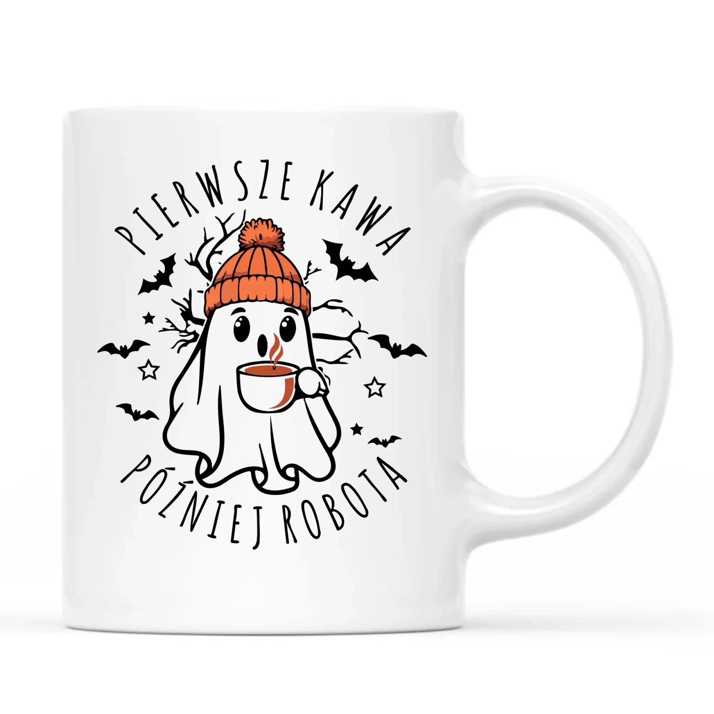 Kubek na Halloween - Duch z kawą - Pierwsze kawa później robota HL01 - StoryCups.pl