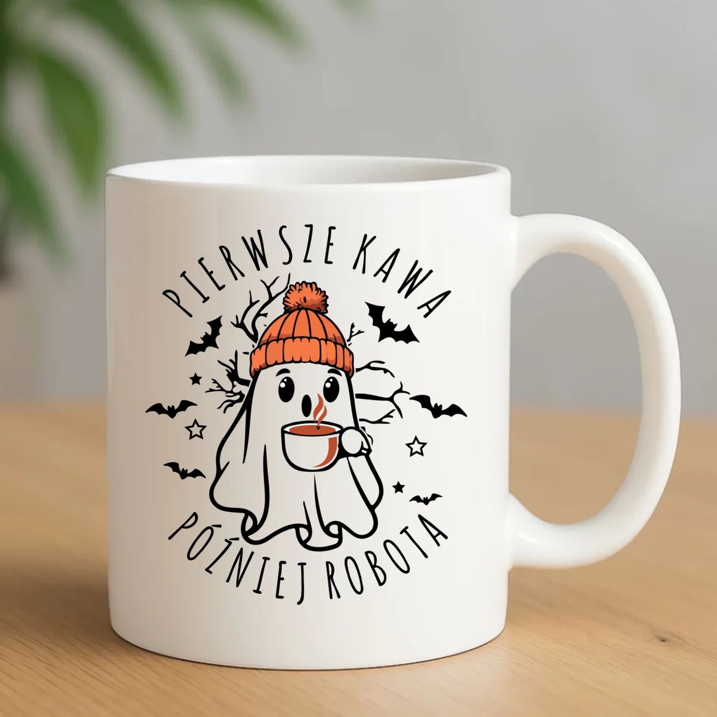 Kubek na Halloween - Duch z kawą - Pierwsze kawa później robota HL01 - StoryCups.pl