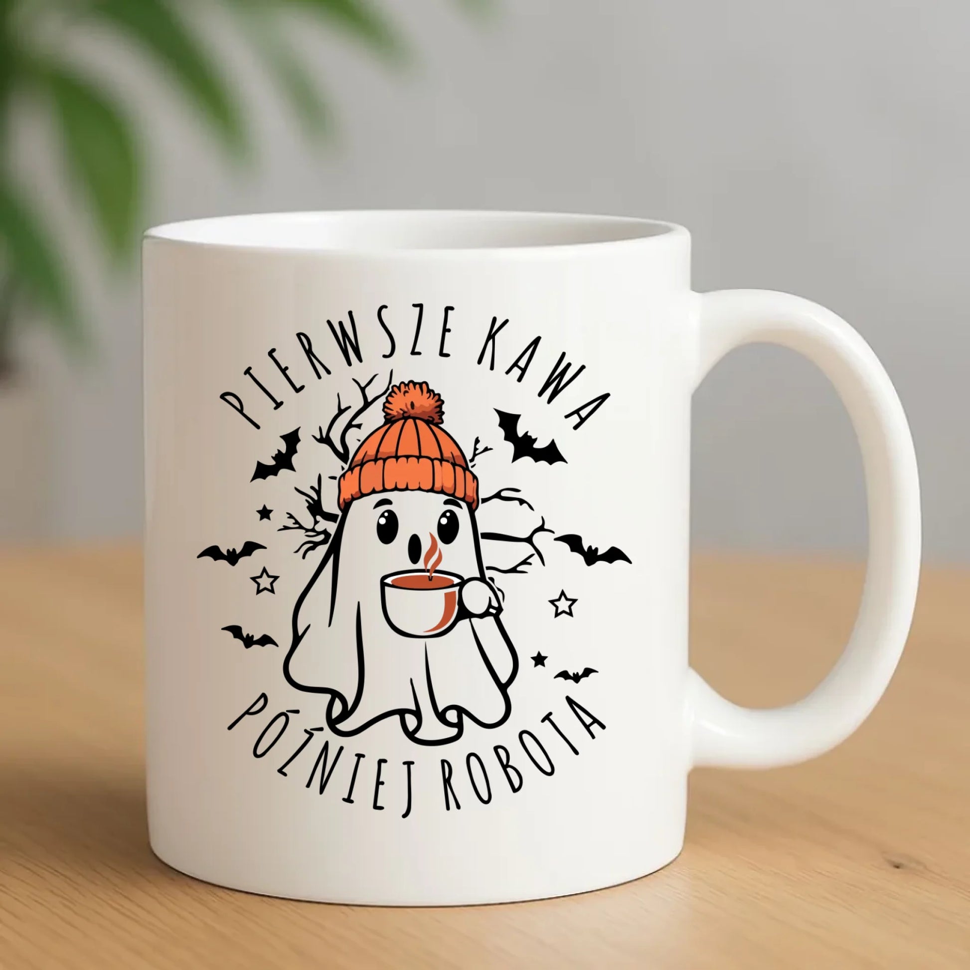 Kubek na Halloween - Duch z kawą - Pierwsze kawa później robota HL01 - StoryCups.pl