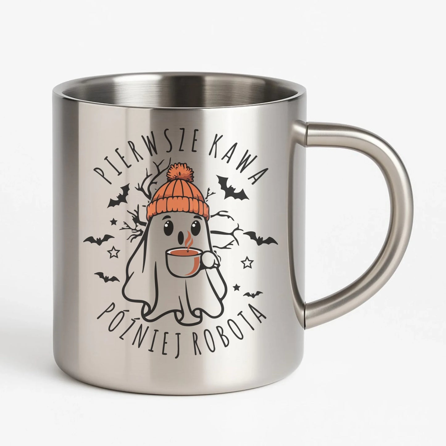 Kubek metalowy na Halloween - Duch z kawą - Pierwsze kawa później robota HL01 - StoryCups.pl
