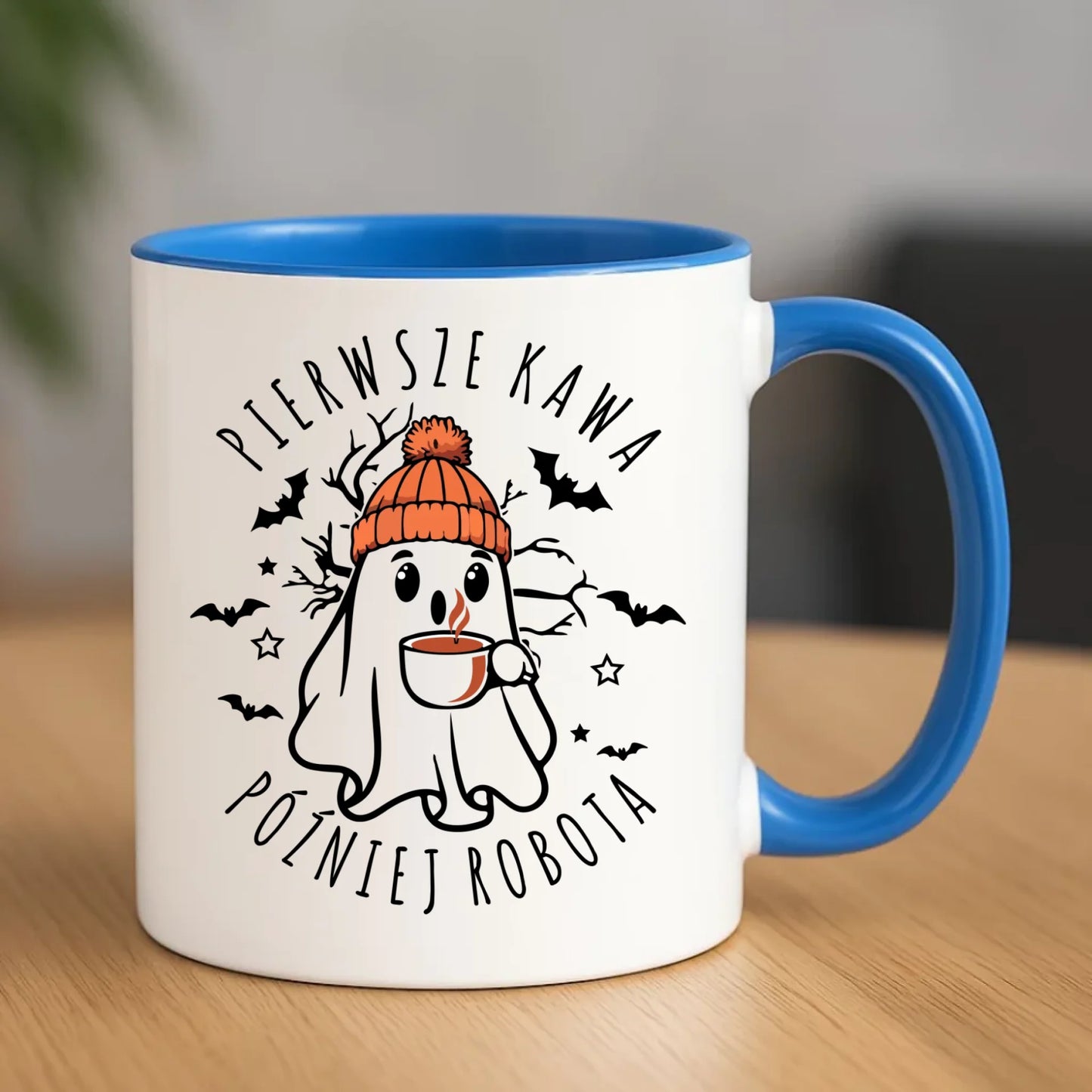 Kubek na Halloween - Duch z kawą - Pierwsze kawa później robota HL01 - StoryCups.pl