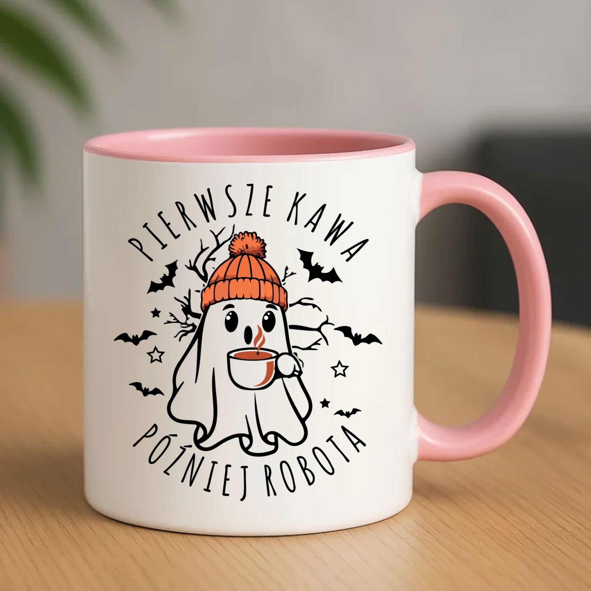 Kubek na Halloween - Duch z kawą - Pierwsze kawa później robota HL01 - StoryCups.pl