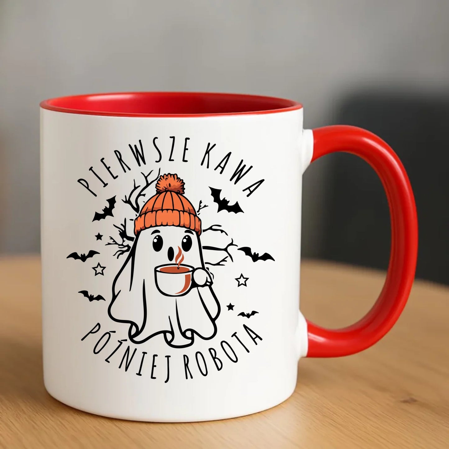 Kubek na Halloween - Duch z kawą - Pierwsze kawa później robota HL01 - StoryCups.pl