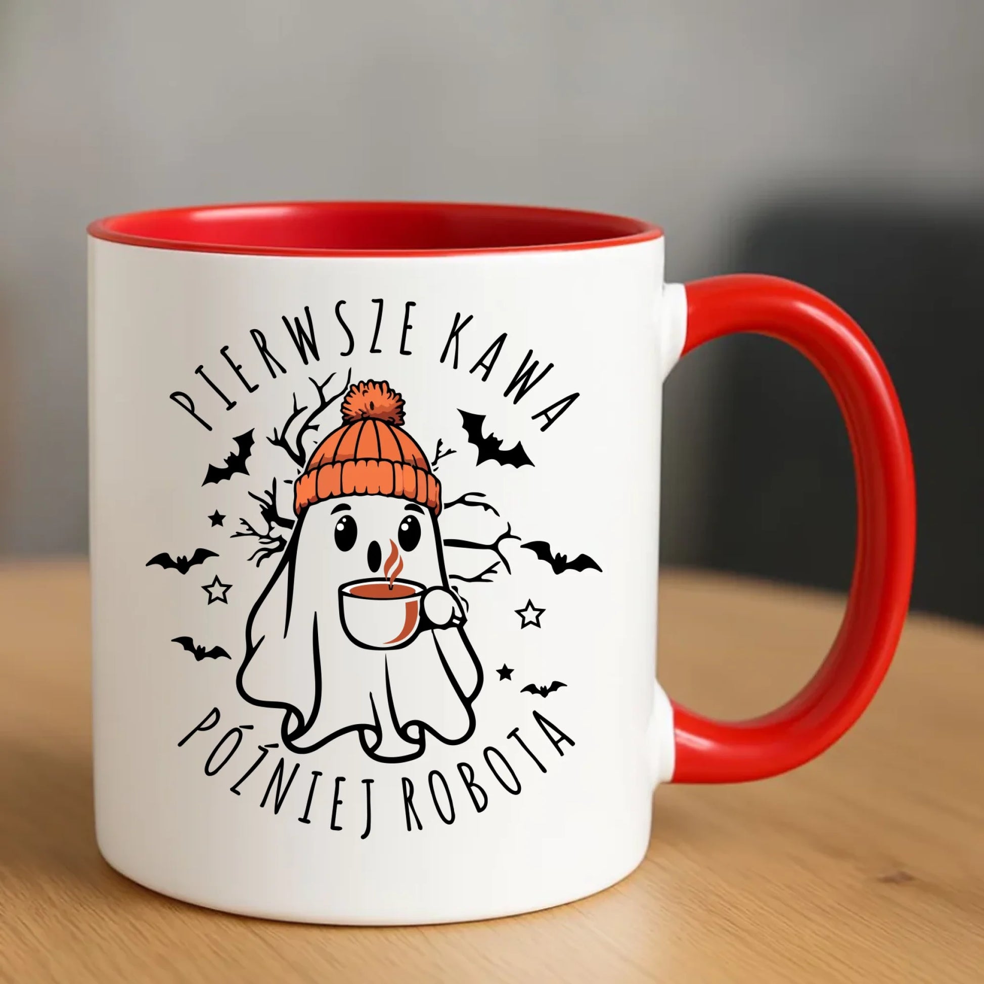 Kubek na Halloween - Duch z kawą - Pierwsze kawa później robota HL01 - StoryCups.pl