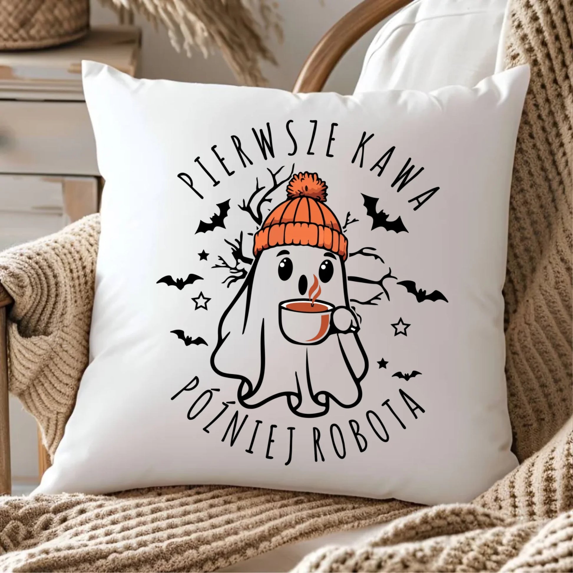 Poduszka na Halloween - Duch z kawą - Pierwsze kawa później robota HL01 - StoryCups.pl