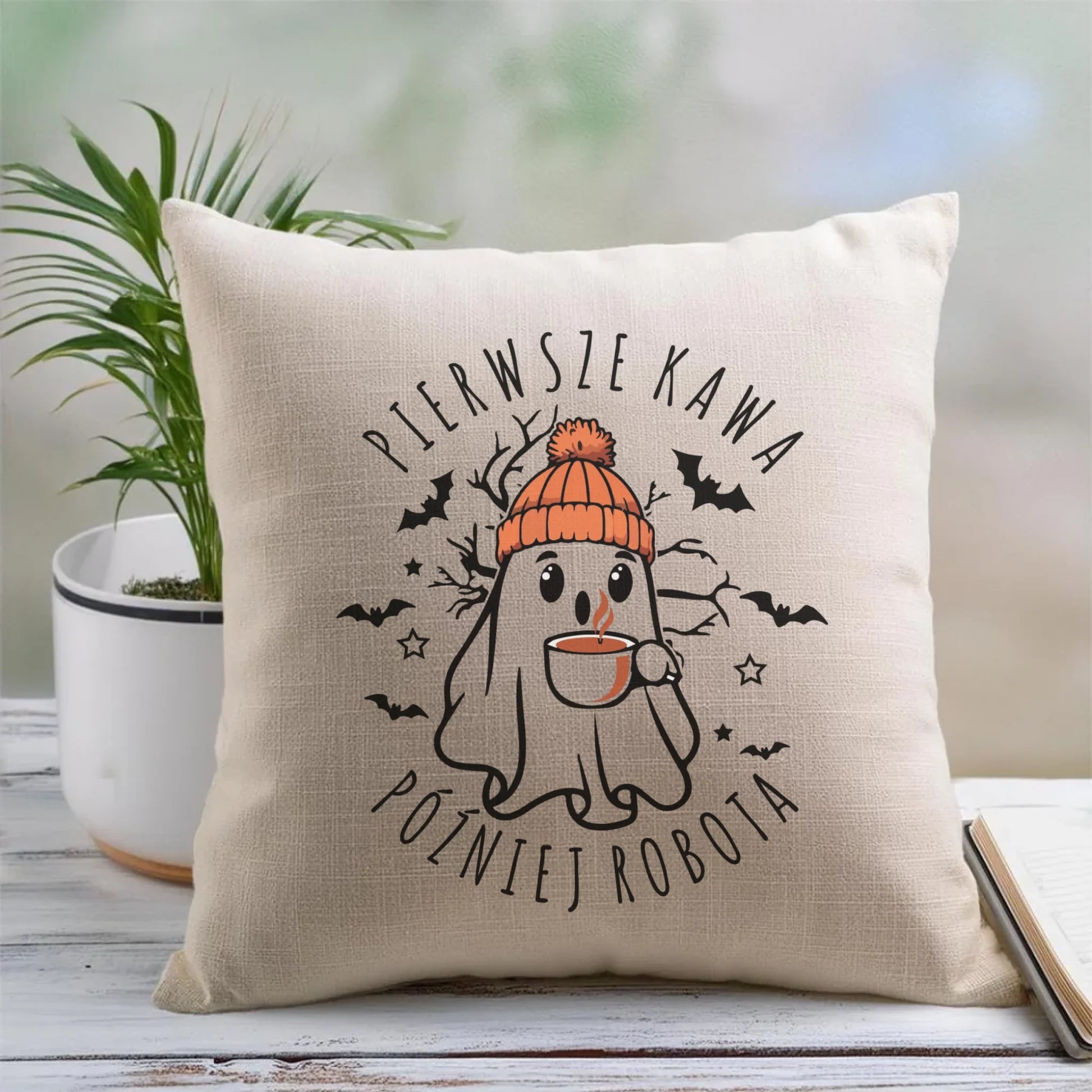 Poduszka na Halloween - Duch z kawą - Pierwsze kawa później robota HL01 - StoryCups.pl