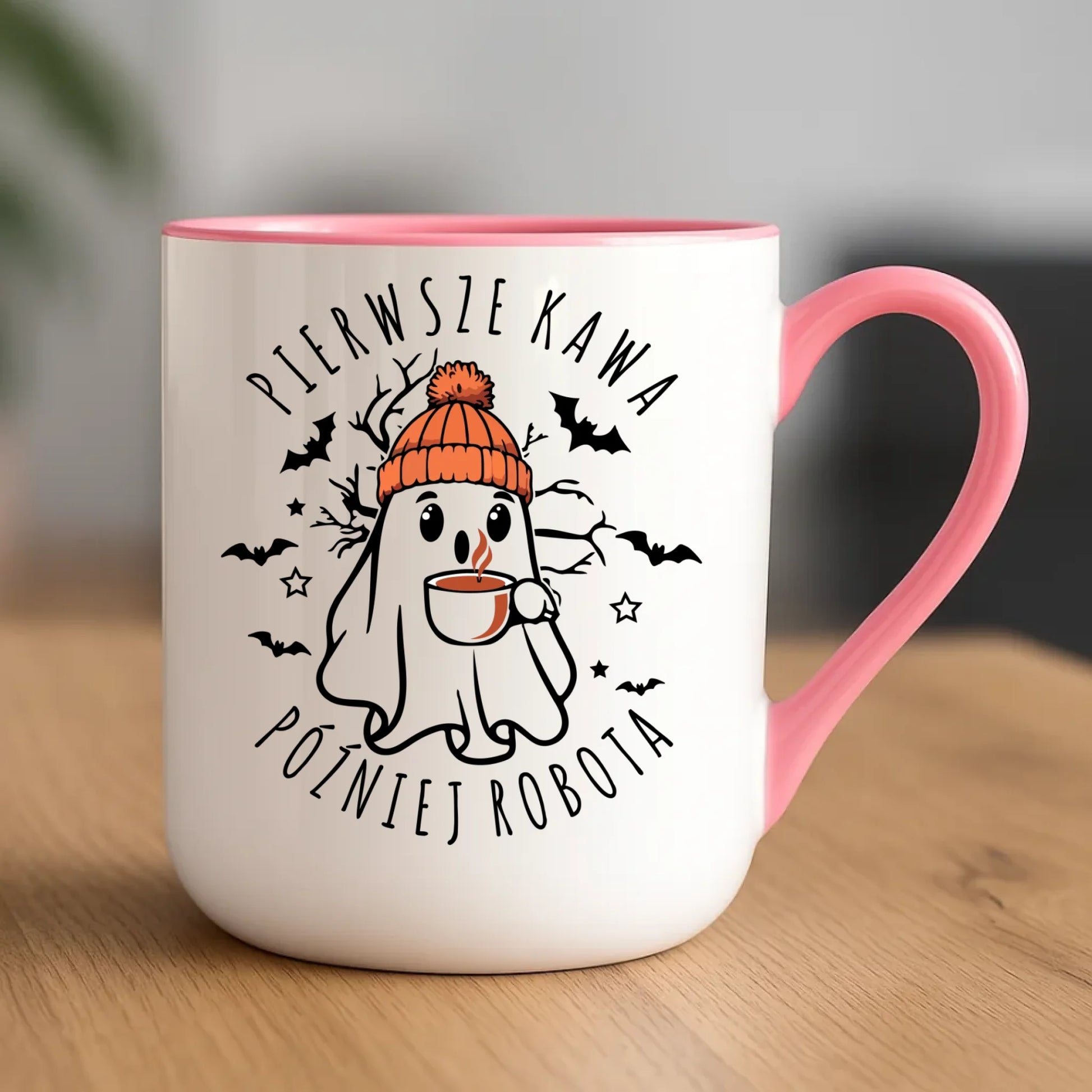 Kubek elegant na Halloween - Duch z kawą - Pierwsze kawa później robota HL01 - StoryCups.pl