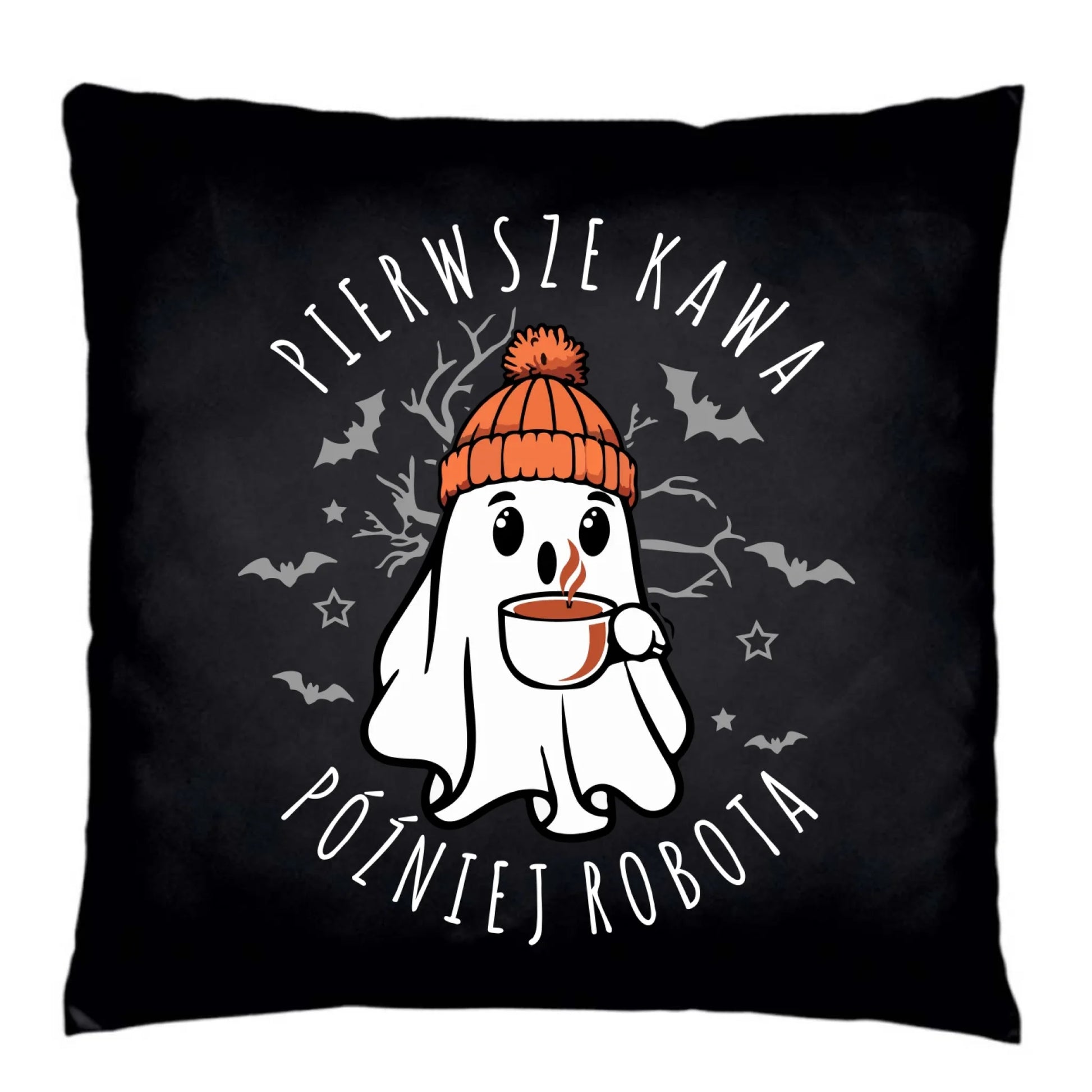 Poduszka dekoracyjna na Halloween - Duch z kawą - Pierwsze kawa później robota HL01 - StoryCups.pl
