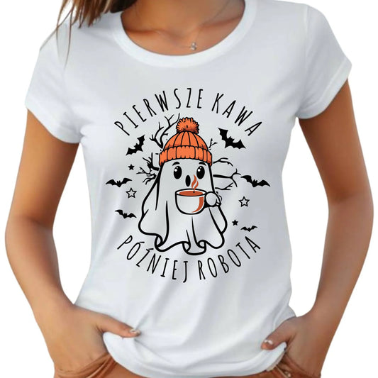 Koszulka damska halloweenowa - Duch z kawą - Pierwsze kawa później robota HL01