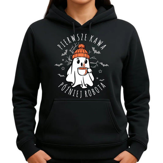 Bluza damska z kapturem na Halloween - Duch z kawą - Pierwsze kawa później robota HL01 - StoryCups.pl
