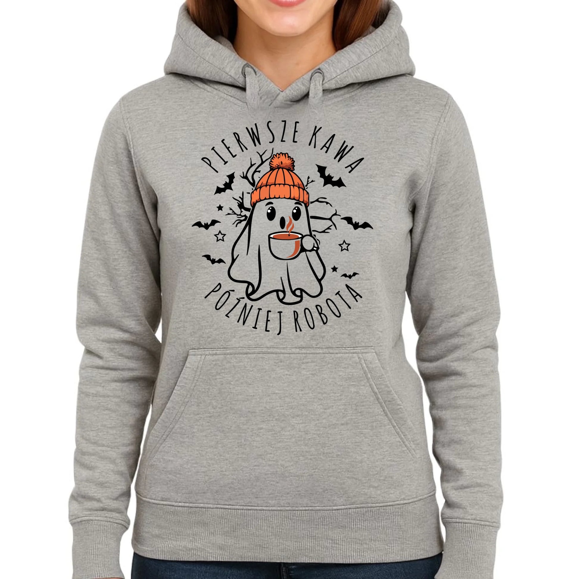 Bluza damska z kapturem na Halloween - Duch z kawą - Pierwsze kawa później robota HL01 - StoryCups.pl