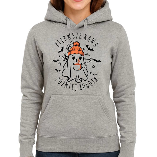 Bluza damska z kapturem na Halloween - Duch z kawą - Pierwsze kawa później robota HL01 - StoryCups.pl