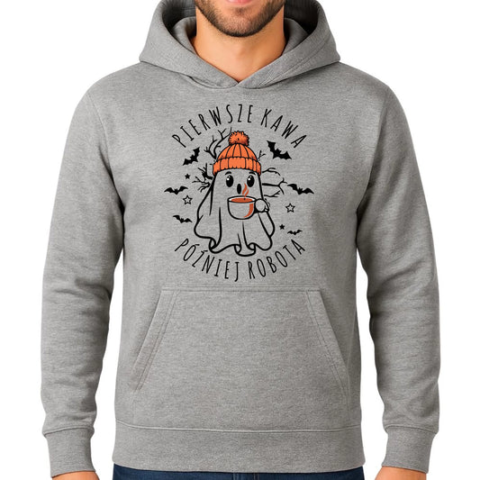 Bluza męska z kapturem na Halloween - Duch z kawą - Pierwsze kawa później robota HL01 - StoryCups.pl