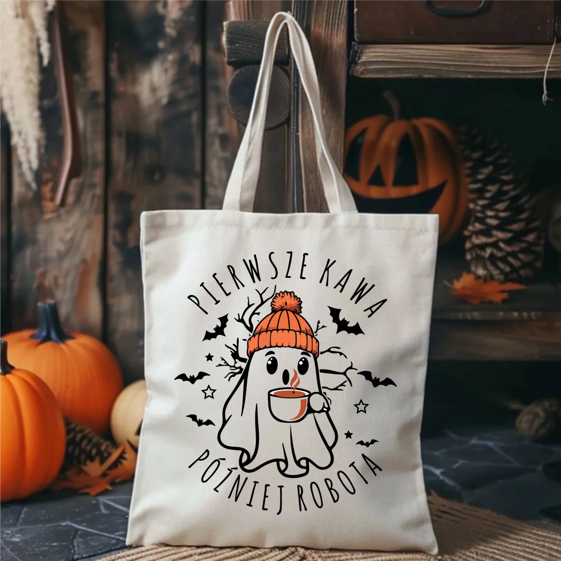 Torba na Halloween - Duch z kawą - Pierwsze kawa później robota HL01 - StoryCups.pl