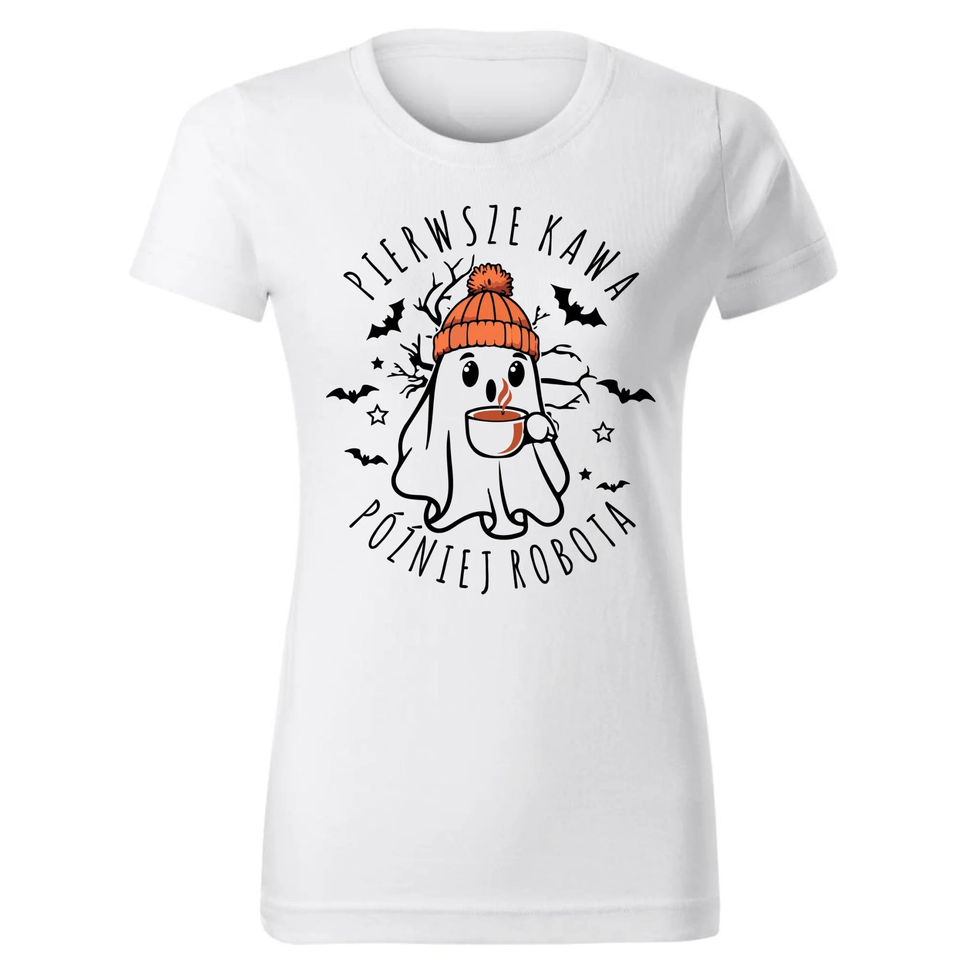 Koszulka damska halloweenowa - Duch z kawą - Pierwsze kawa później robota HL01 - StoryCups.pl