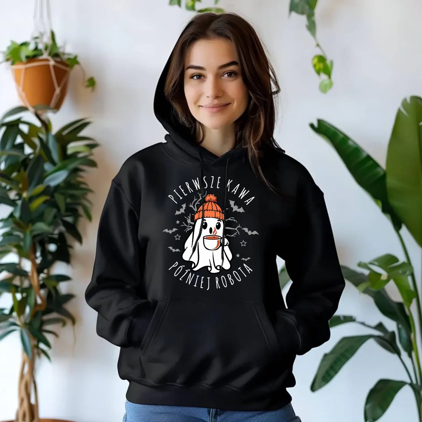 Bluza damska z kapturem na Halloween - Duch z kawą - Pierwsze kawa później robota HL01 - StoryCups.pl