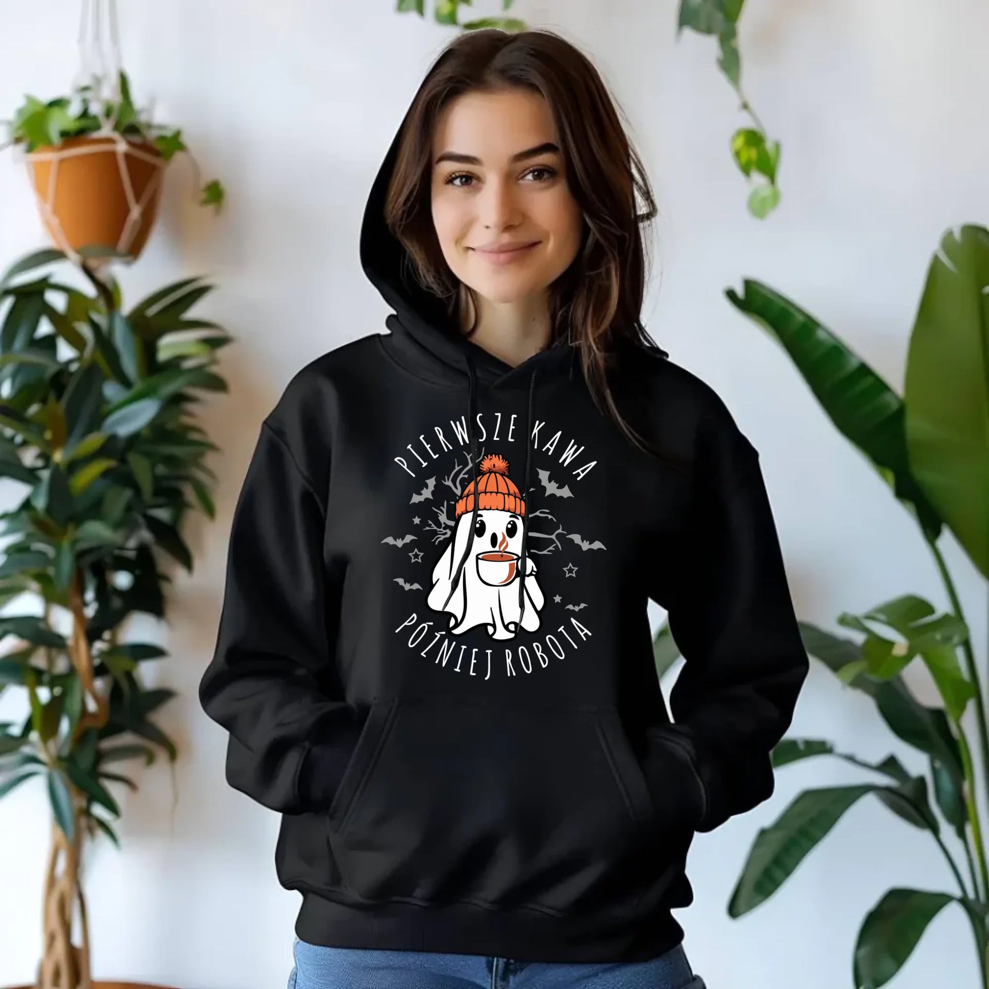 Bluza damska z kapturem na Halloween - Duch z kawą - Pierwsze kawa później robota HL01 - StoryCups.pl
