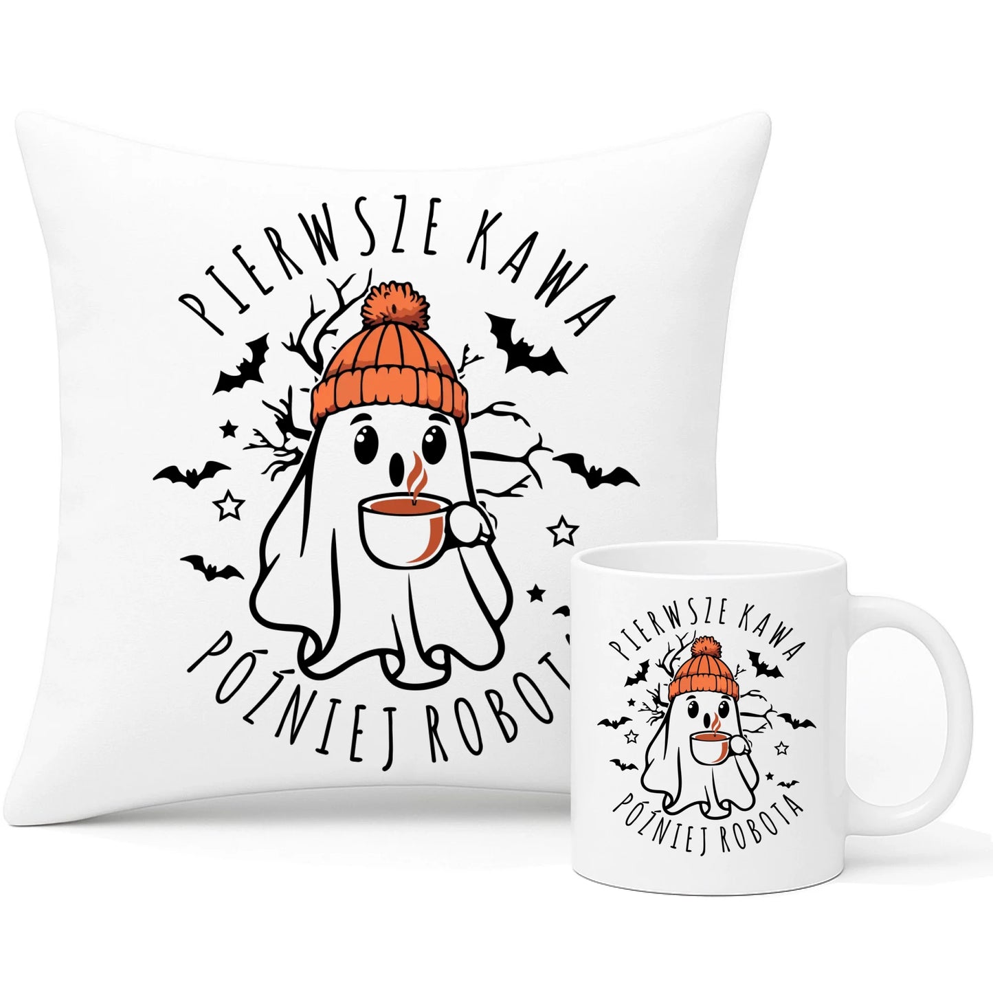 Zestaw poduszka i kubek na Halloween - Duch z kawą - Pierwsze kawa później robota HL01 - StoryCups.pl