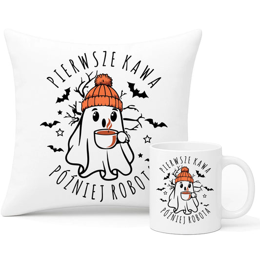 Zestaw poduszka i kubek na Halloween - Duch z kawą - Pierwsze kawa później robota HL01 - StoryCups.pl