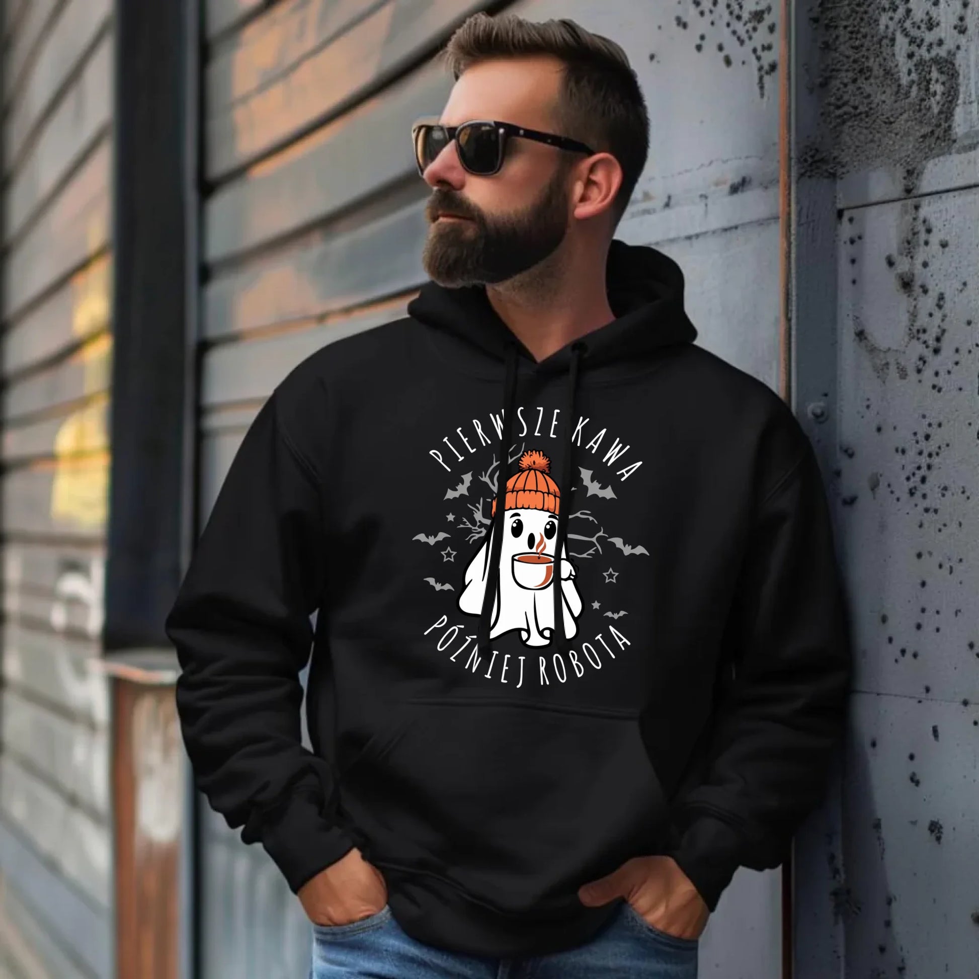 Bluza męska z kapturem na Halloween - Duch z kawą - Pierwsze kawa później robota HL01 - StoryCups.pl