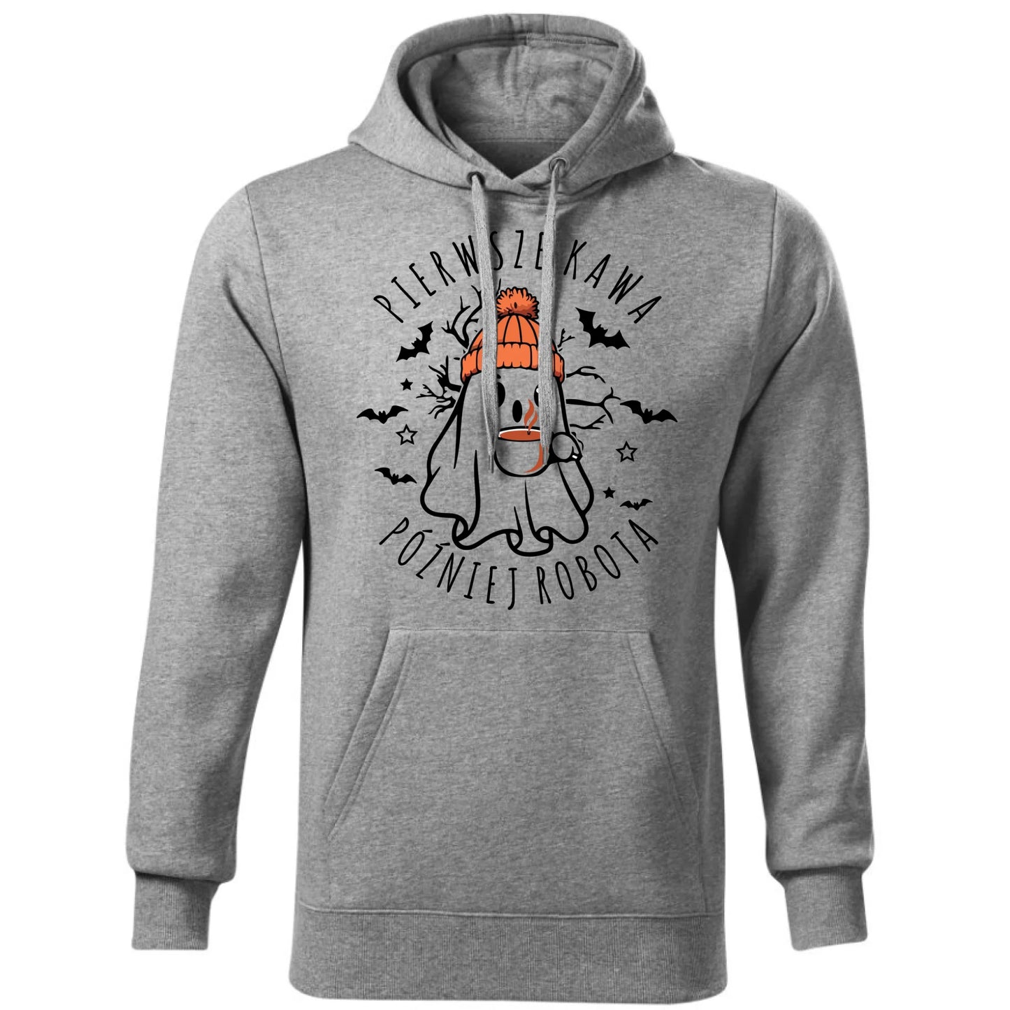 Bluza męska z kapturem na Halloween - Duch z kawą - Pierwsze kawa później robota HL01 - StoryCups.pl
